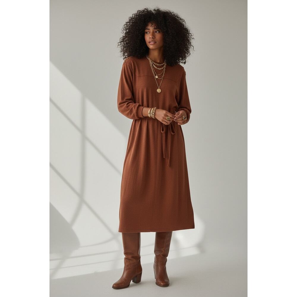 Vintage 80s Adele Simpson Long MIDI Belted dress Tan L